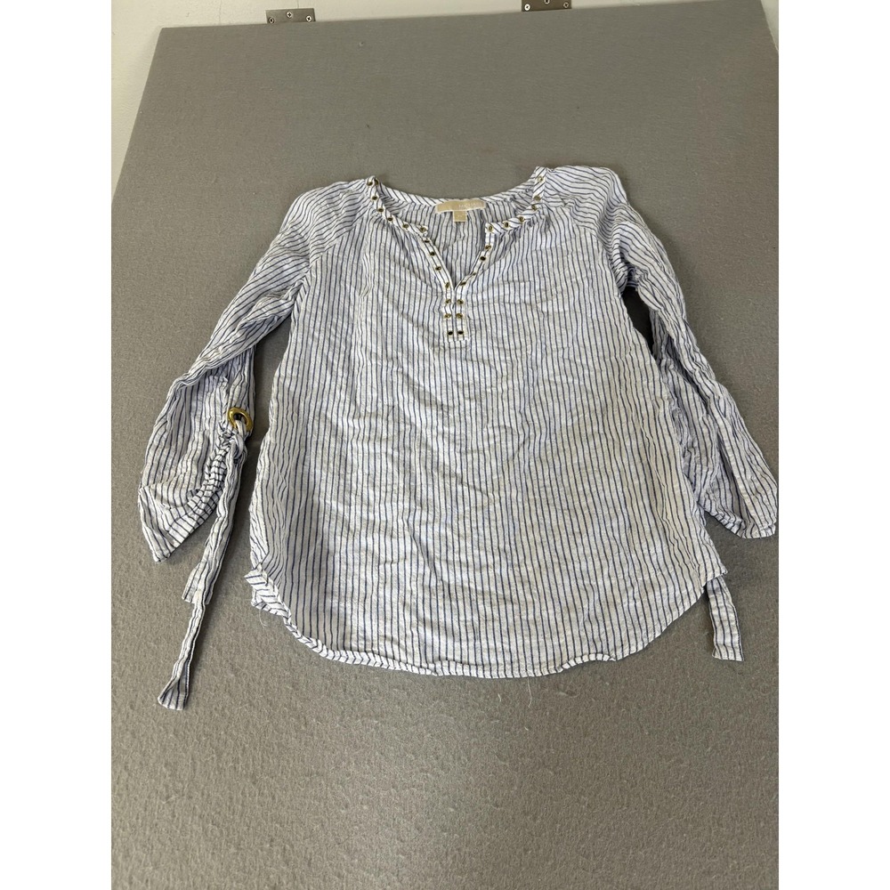 Michael Kors Shirt Womens XS Linen‎ Blend Striped Grommet Long Sleeve Top